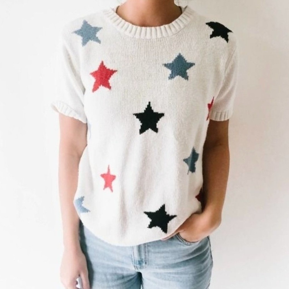 Blair Womens Star Print Short Sleeve Knit Sweater White Red Blue Ramie Cotton M